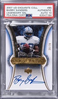 2007 Upper Deck Exquisite Collection "Legendary Signatures" #BS Barry Sanders Signed Card (#20/20) - PSA Authentic, PSA/DNA 10 - Sanders Jersey Number!